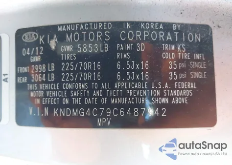 2012 Kia Sedona Lx z USA, uszkodzony, nr VIN KNDMG4C79C6487942